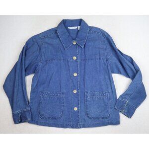 CHEROKEE - WOMEN'S BLUE LINEN BLEND LONG SLEEVE BUTTON-UP TOP SHIRT - SIZE S
